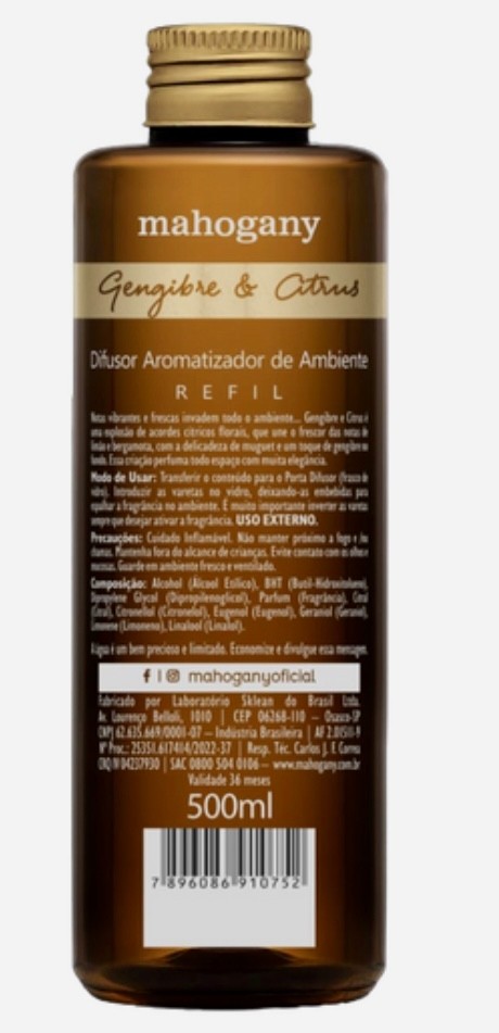 REFIL DE DIFUSOR DE AMBIENTE GENGIBRE E CITRUS 500ML